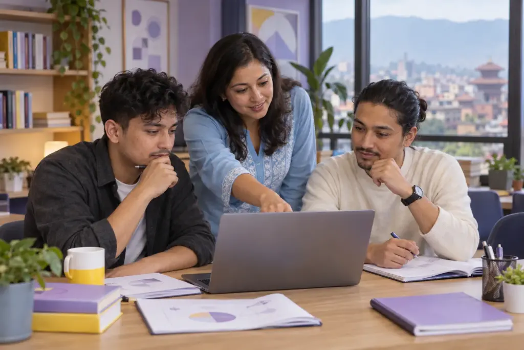 GMAT learners and tutor reviewing practice on a laptop alongside class materials