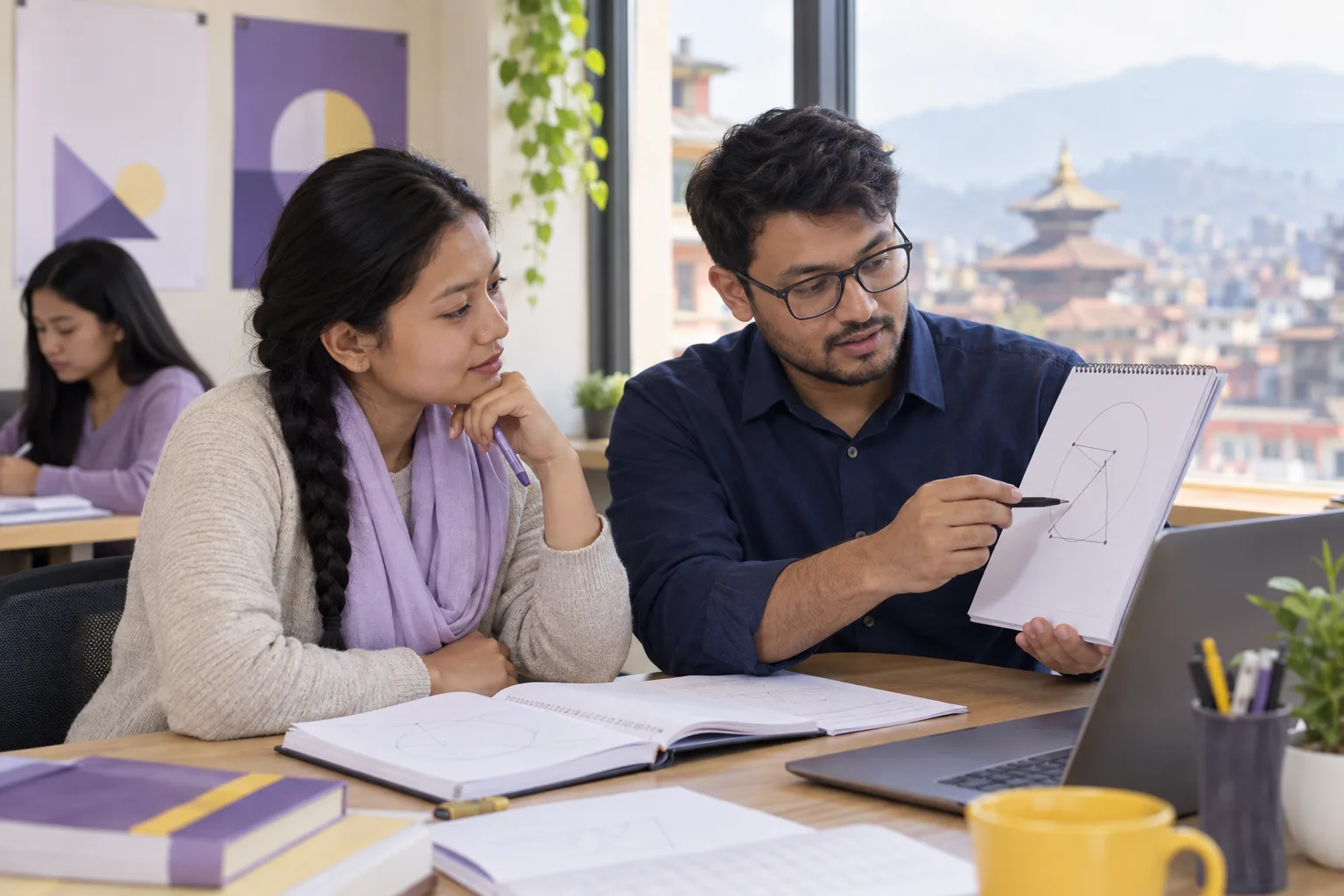 GMAT learner and mentor discussing a practice diagram beside a laptop