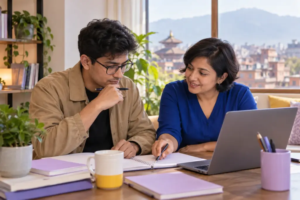 GMAT number properties learner reviewing notes with a tutor in Kathmandu