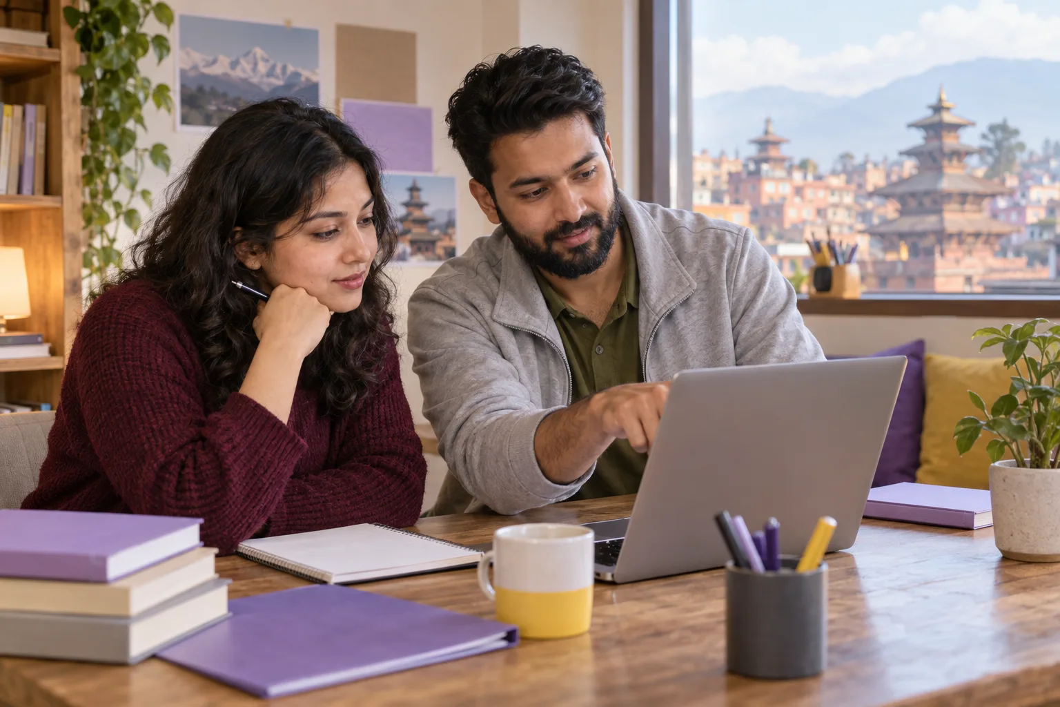 Two GMAT learners reviewing fractions and percent change notes on a laptop