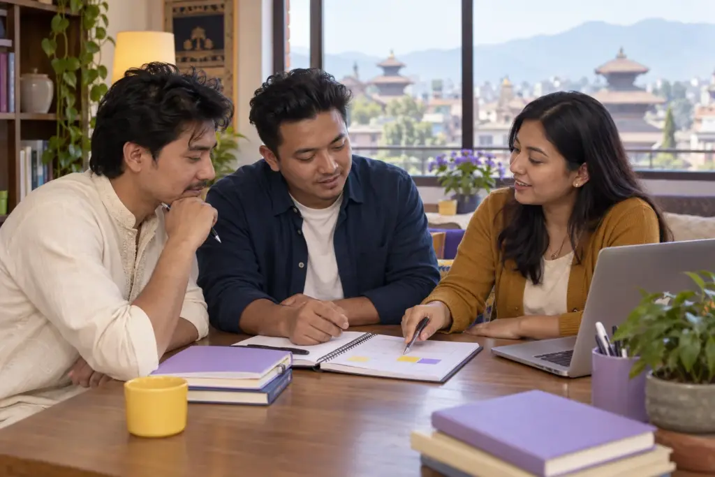 Three GMAT learners comparing ratio and proportion notes at a study table