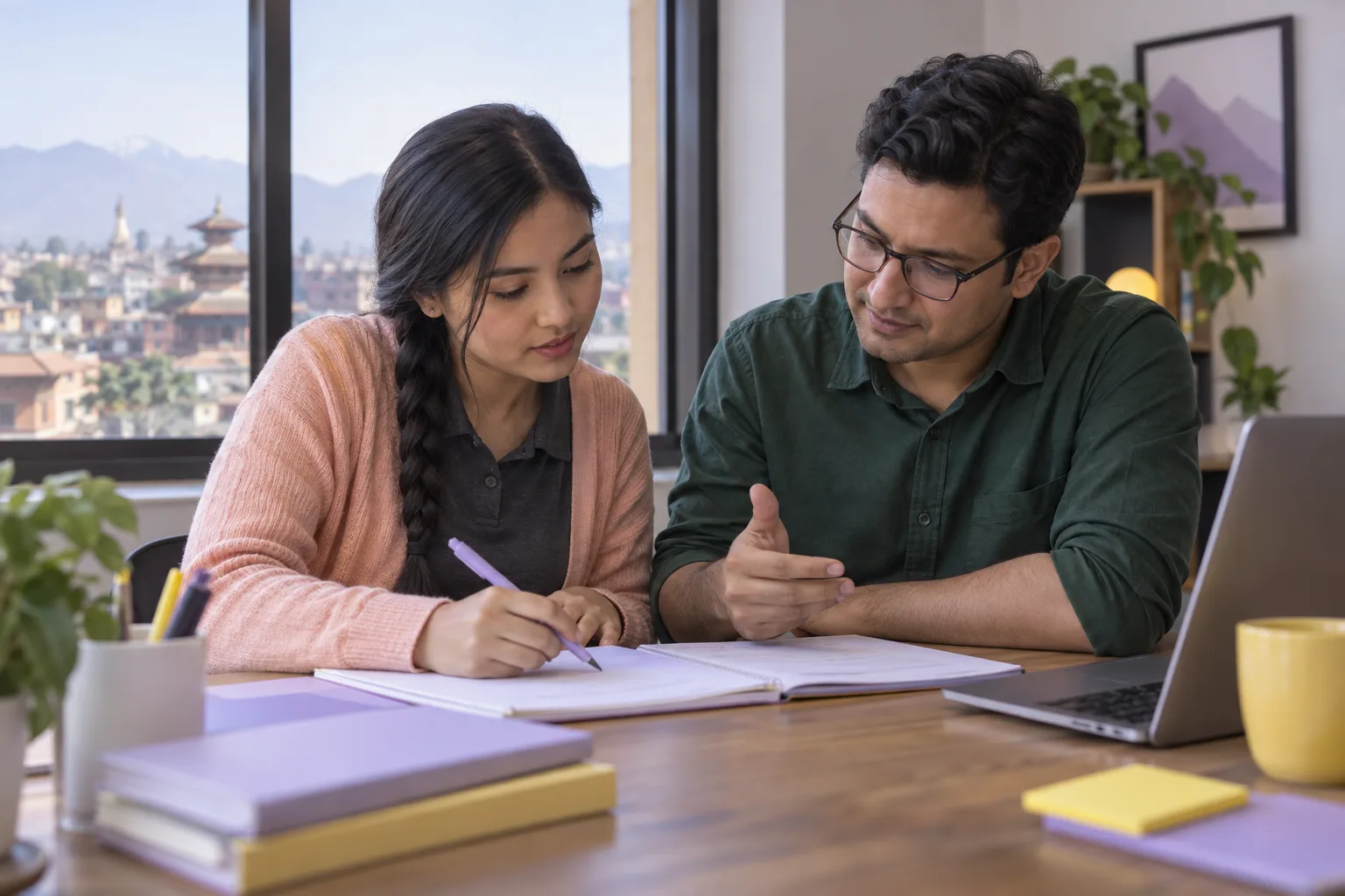 GMAT learner and tutor reviewing a blank ratio and proportion worksheet