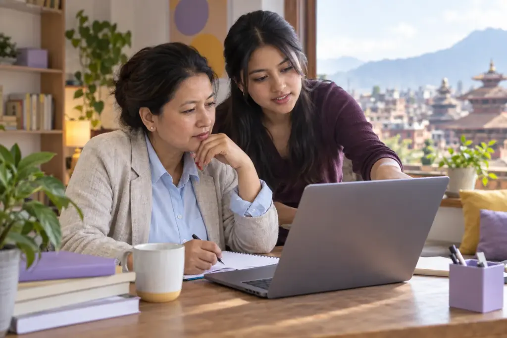 GMAT tutor and learner reviewing rate, work and distance practice on a laptop