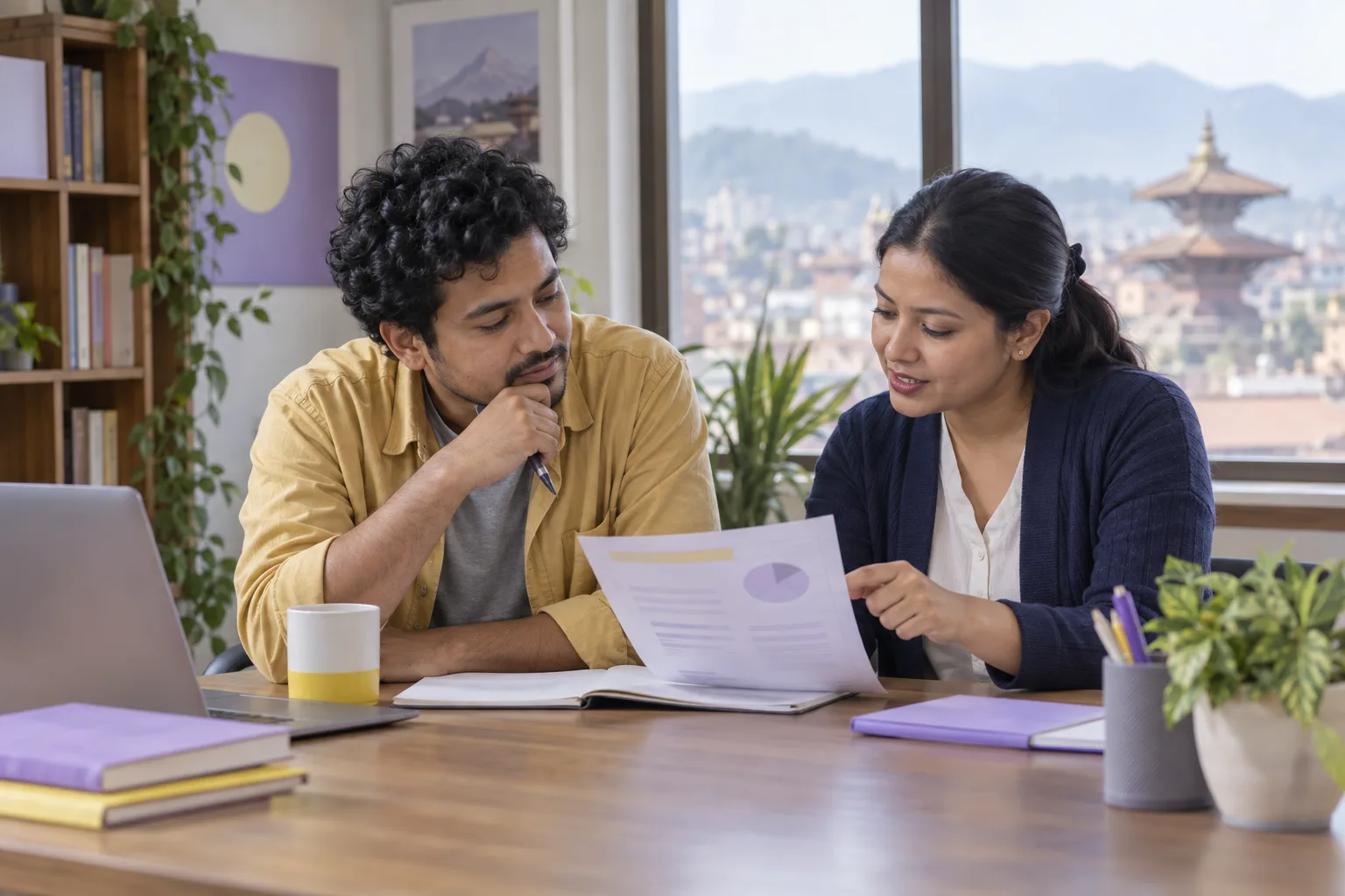 Two GMAT learners reviewing a chart during weighted average practice