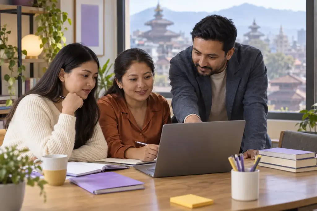 GMAT students and tutor reviewing linear equations and systems on a laptop