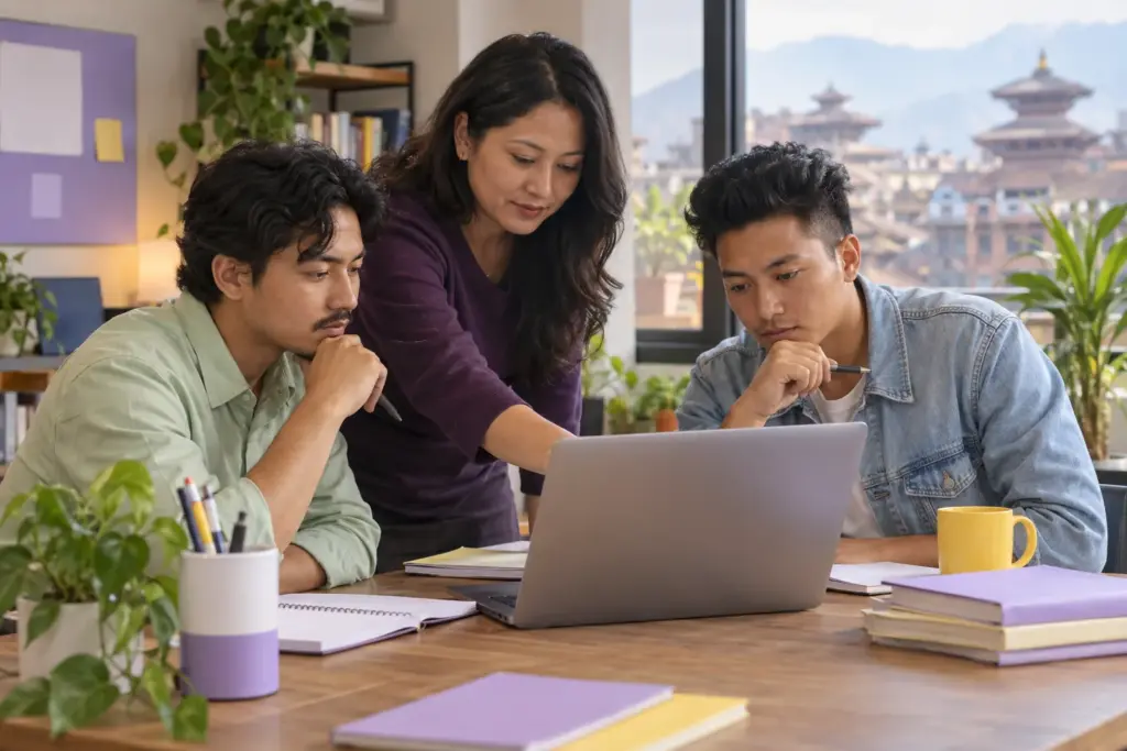 Three GMAT learners reviewing sequence and pattern practice on a laptop
