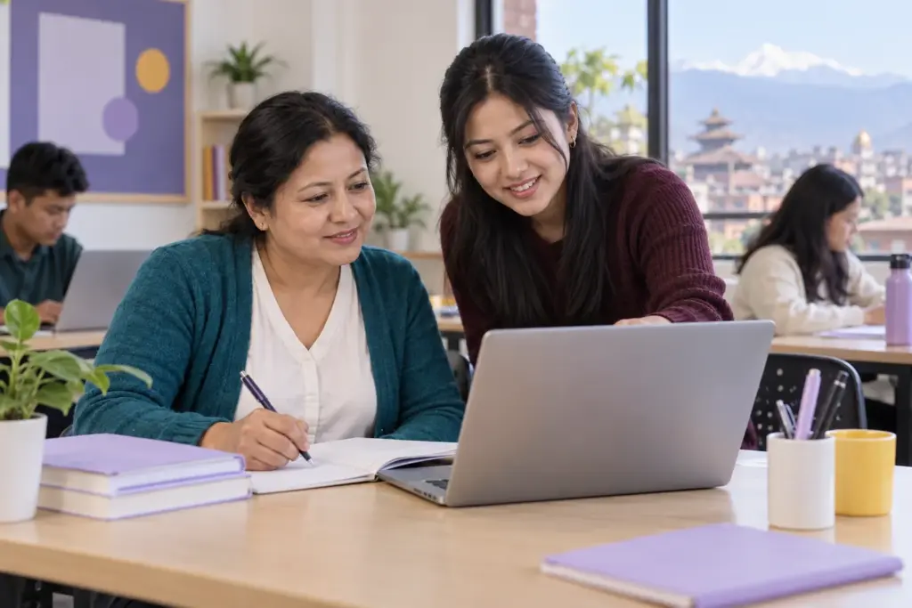 GMAT tutor and learner discussing sets and overlapping groups on a laptop