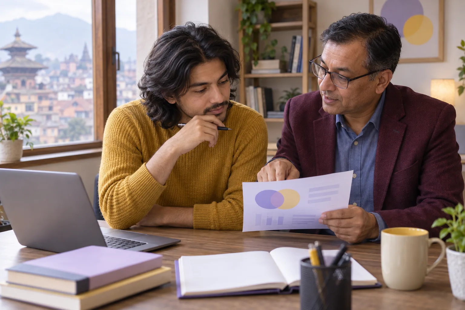 GMAT mentor and learner reviewing an overlapping circles diagram