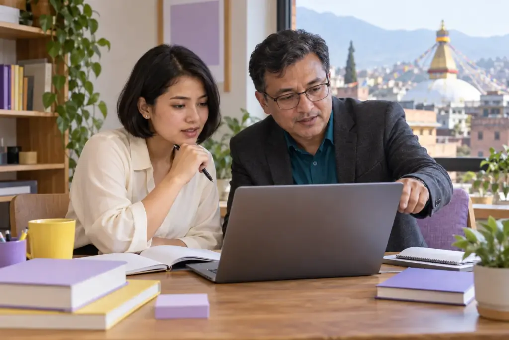 GMAT tutor and student reviewing counting-method practice on a laptop