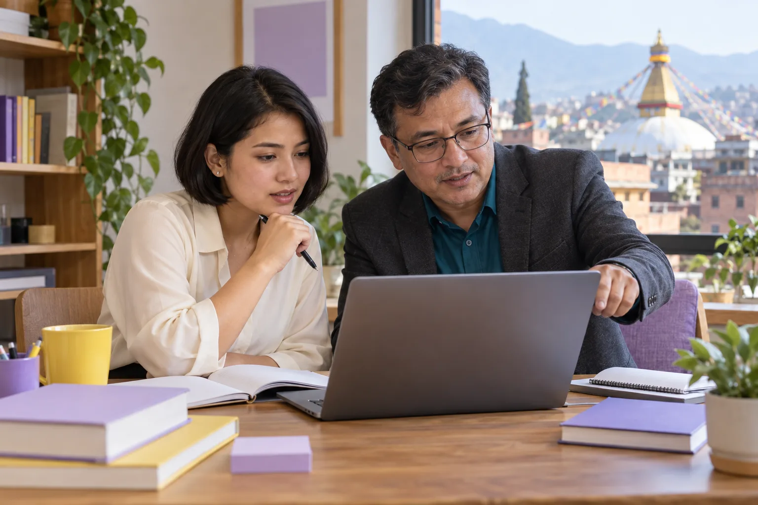 GMAT tutor and student reviewing counting-method practice on a laptop