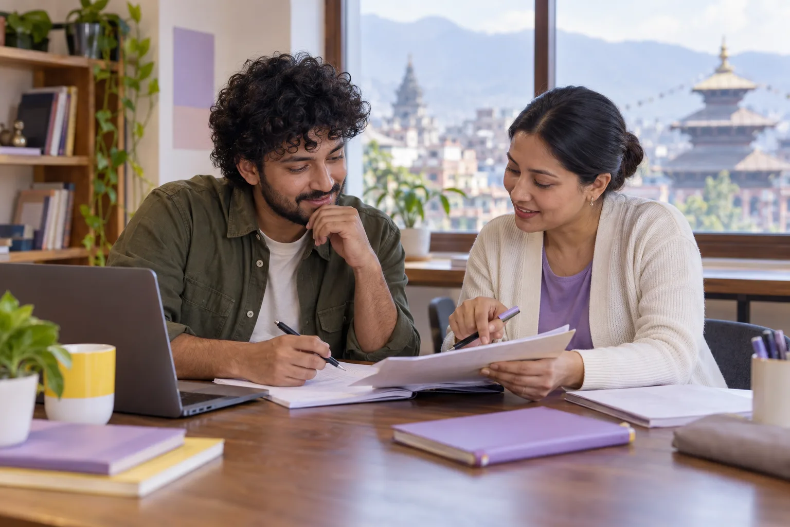 Two GMAT learners discussing arrangement and selection notes