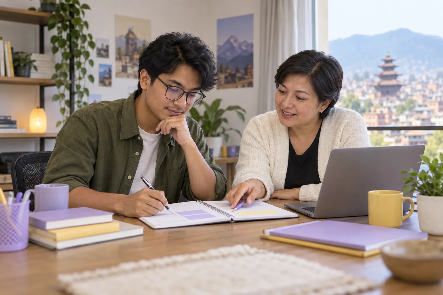 GMAT learner and tutor examining a statistics worksheet