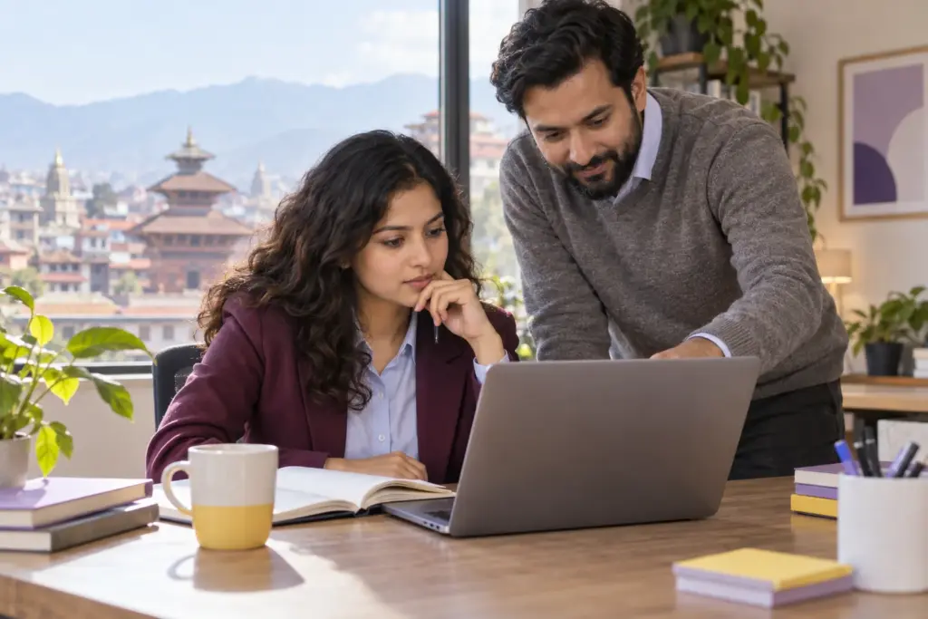 GMAT student and tutor reviewing word-problem translation on a laptop