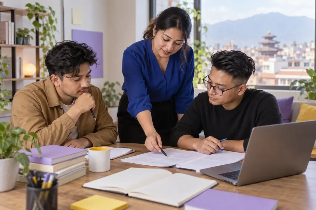 Nepali learner discussing GMAT reading style and tone with a tutor at a laptop