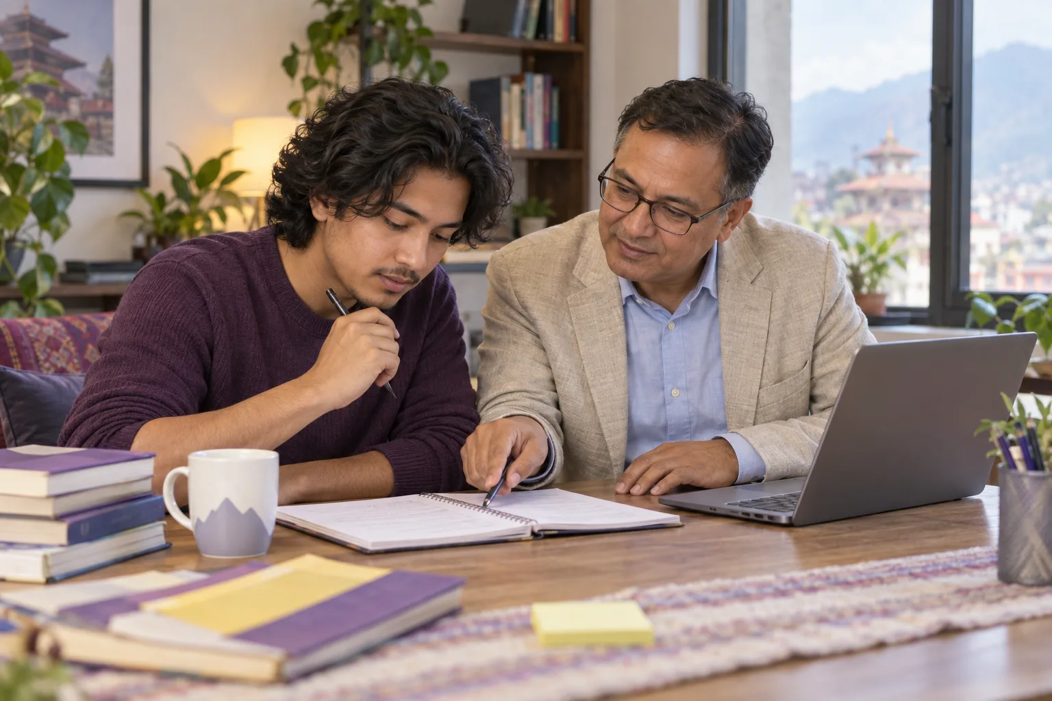 Nepali learner and tutor reviewing an application question in a study notebook