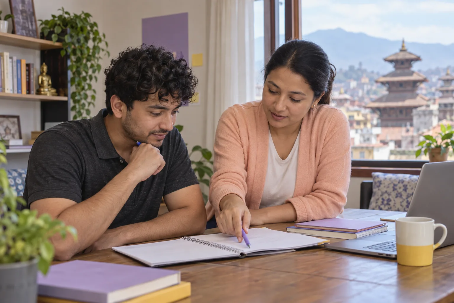 Tutor and learner checking figures in a reading passage notebook