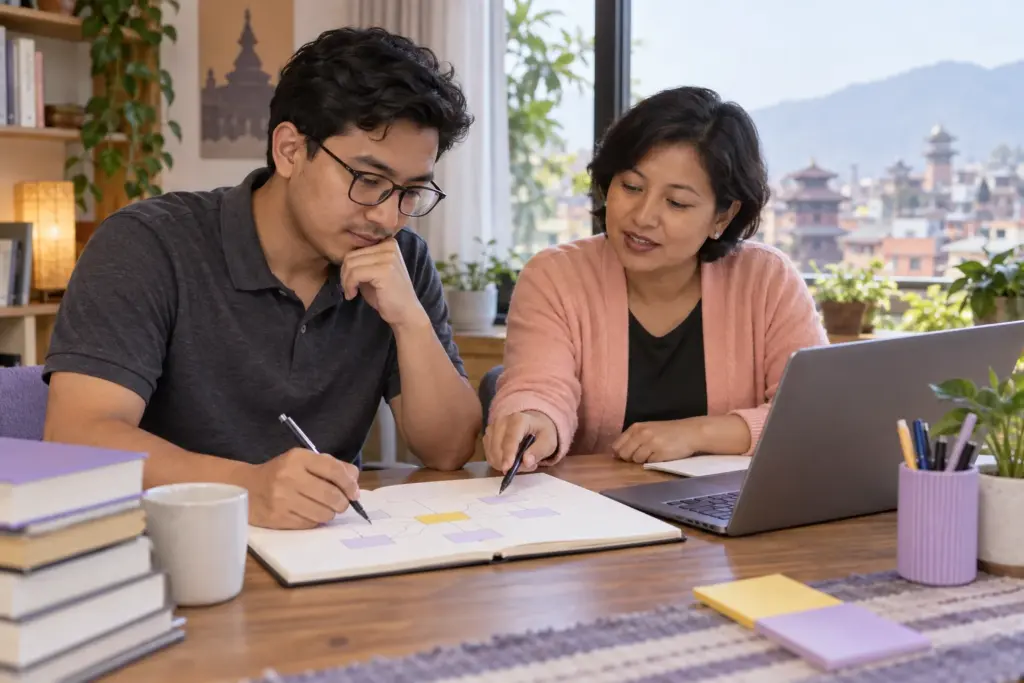 Nepali student studying GMAT critical reasoning assumptions at a laptop