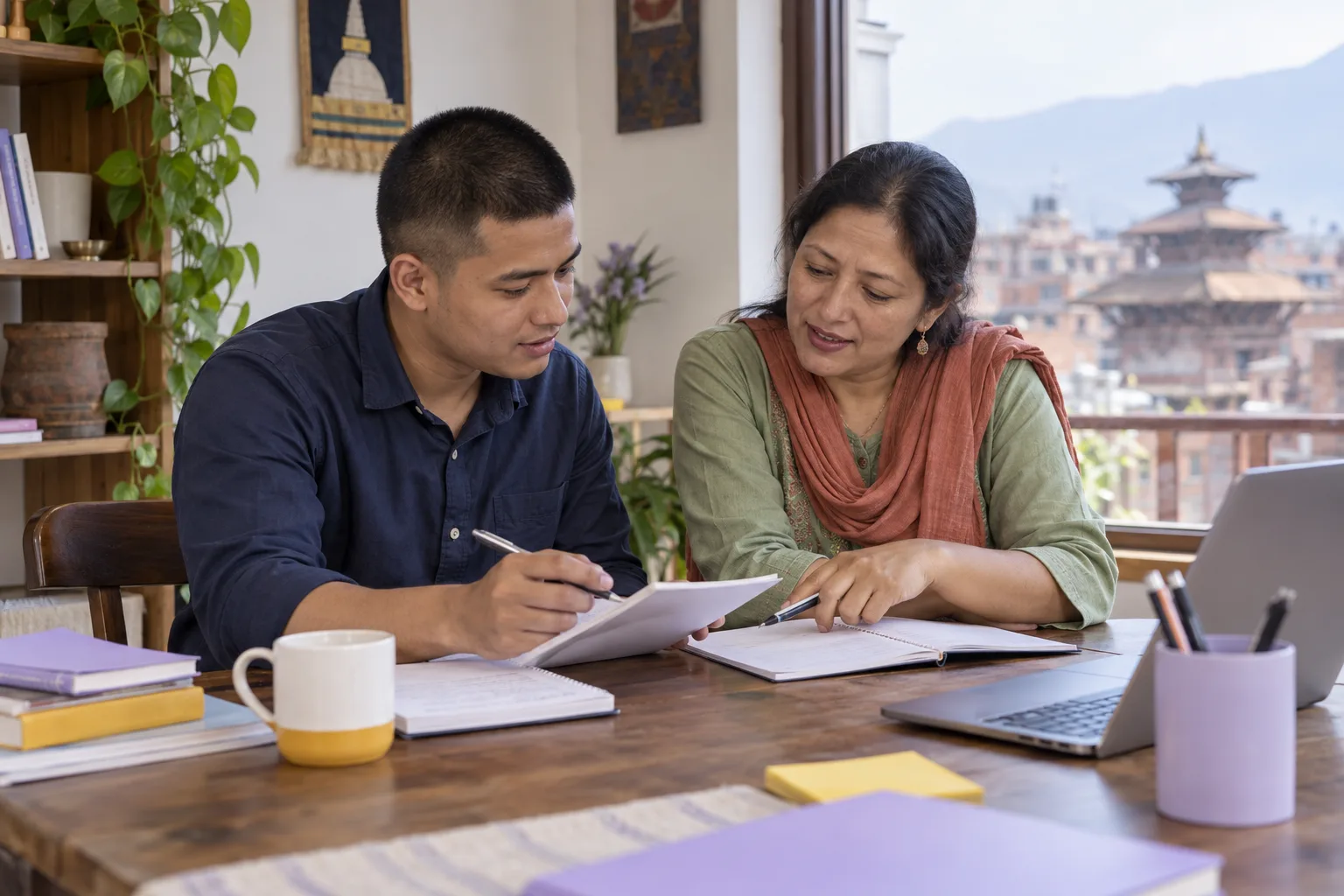 Tutor guiding a Nepali learner through a strengthen-question worksheet