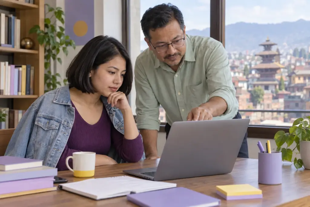 Student and tutor reviewing conflicting facts in a GMAT reasoning exercise