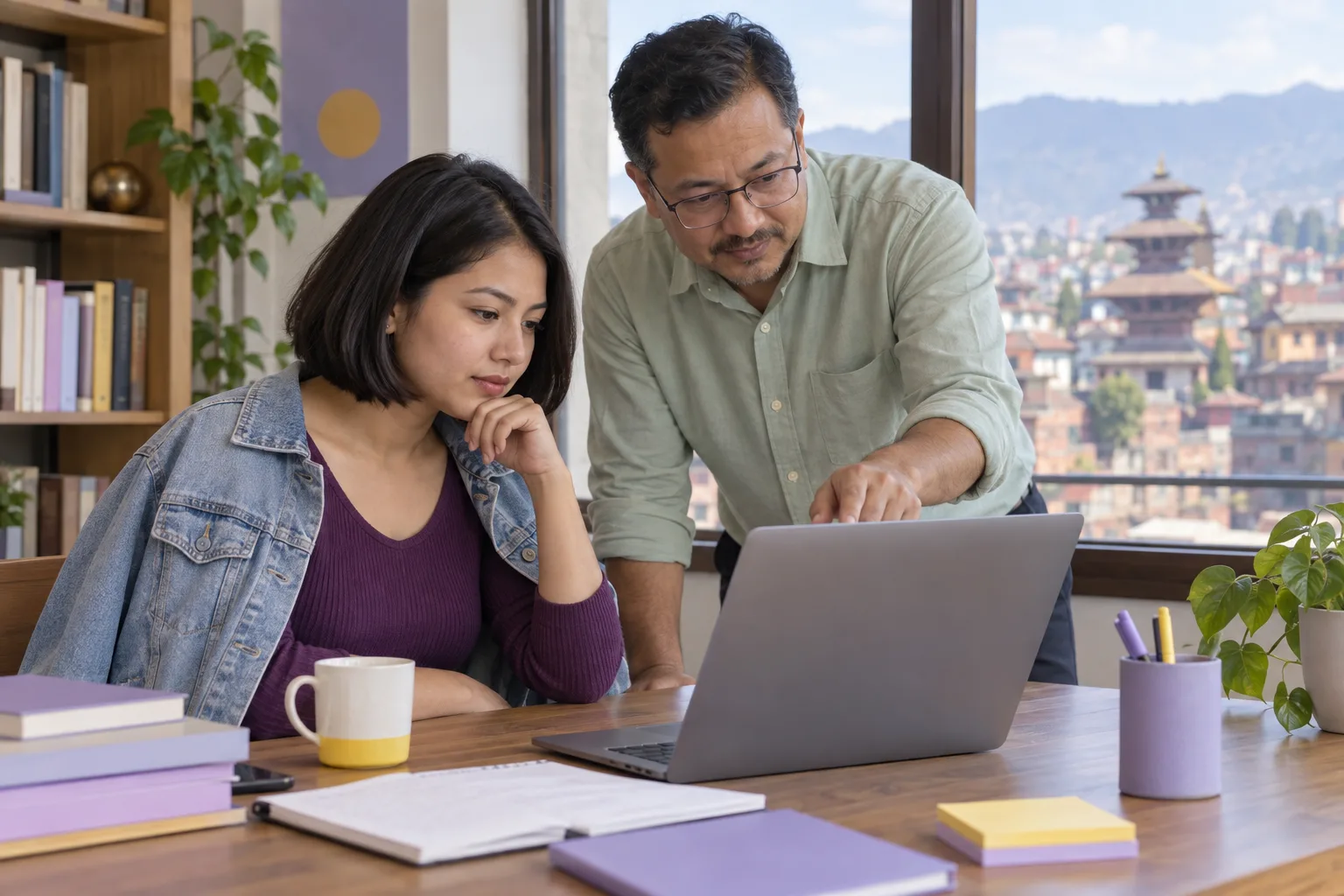 Student and tutor reviewing conflicting facts in a GMAT reasoning exercise
