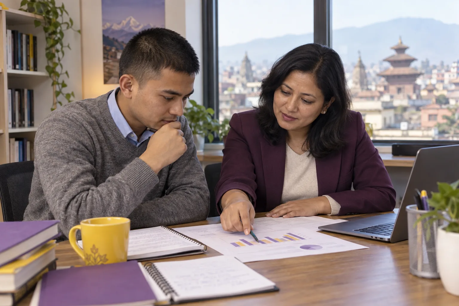 Tutor and learner comparing data cases on a printed chart