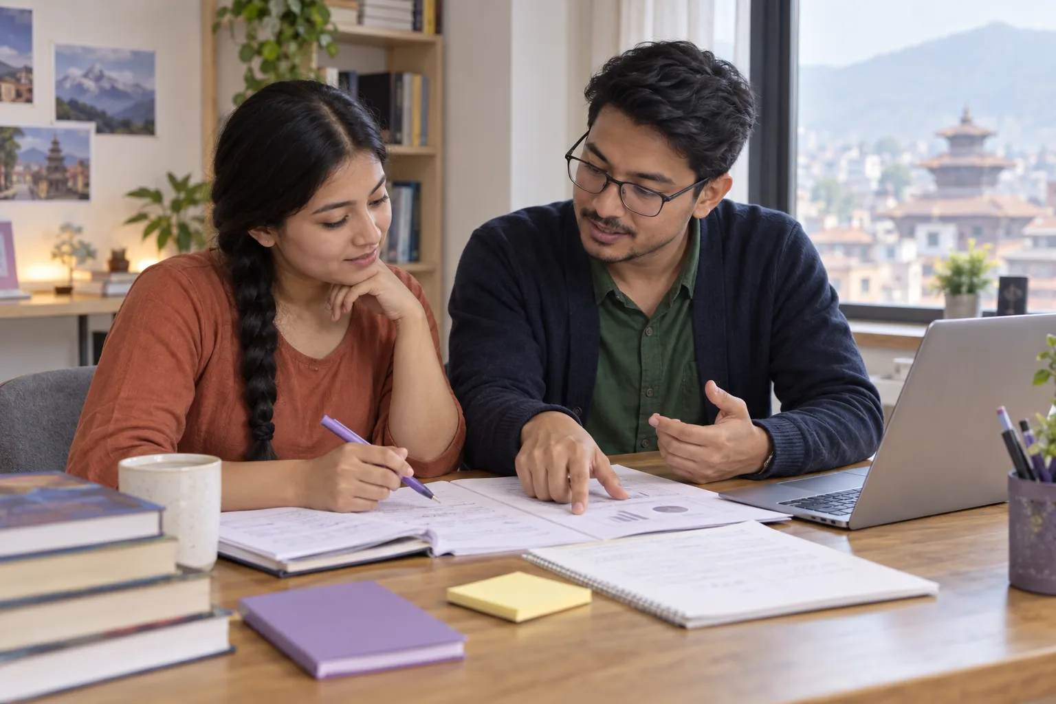 Tutor and learner discussing a source map in a study notebook