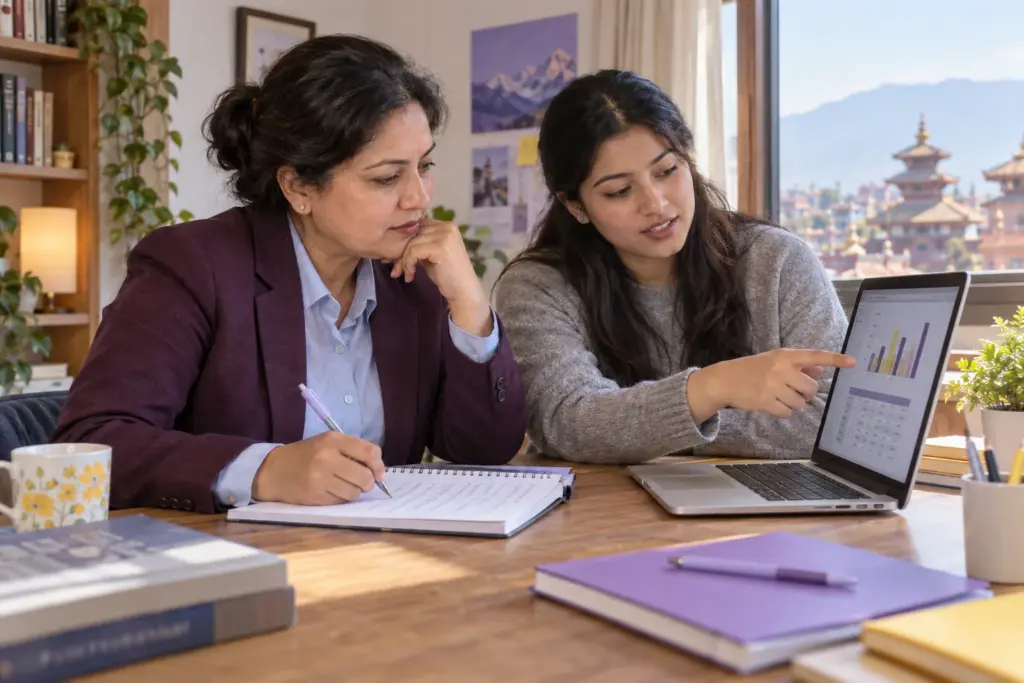 Learner and tutor comparing a chart and table for GMAT Multi-Source Reasoning