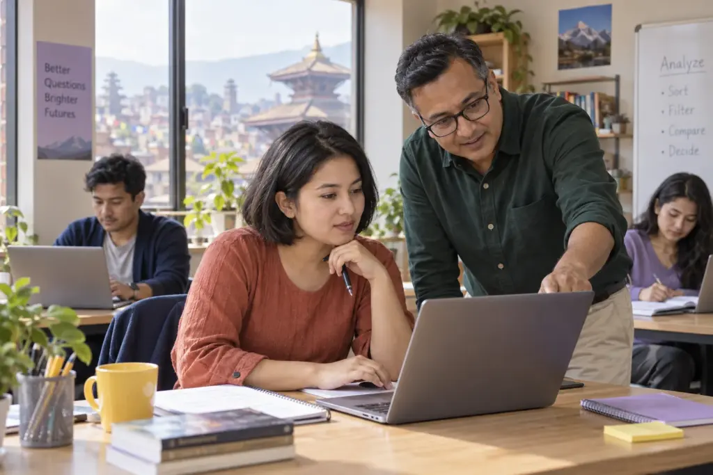 Tutor guiding a GMAT Table Analysis learner at a classroom laptop