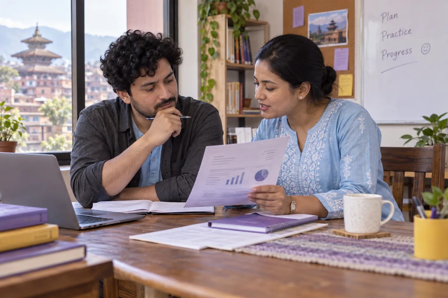 Nepali learner and tutor reviewing a marked data table and graph