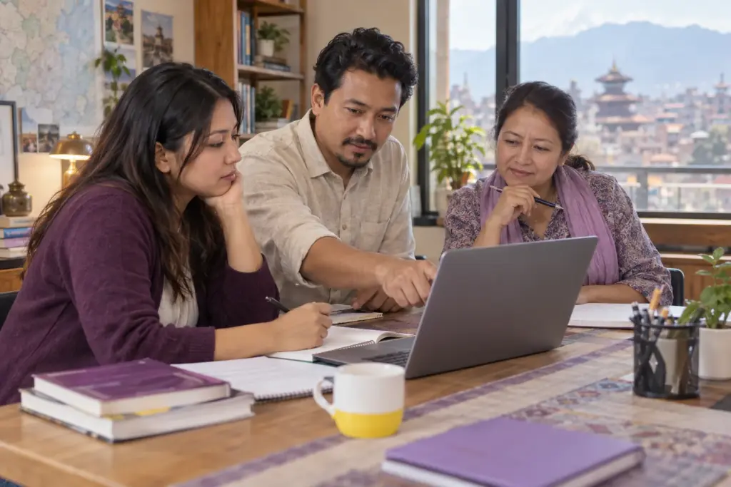 Study group reviewing GMAT Table Analysis percentages with a tutor