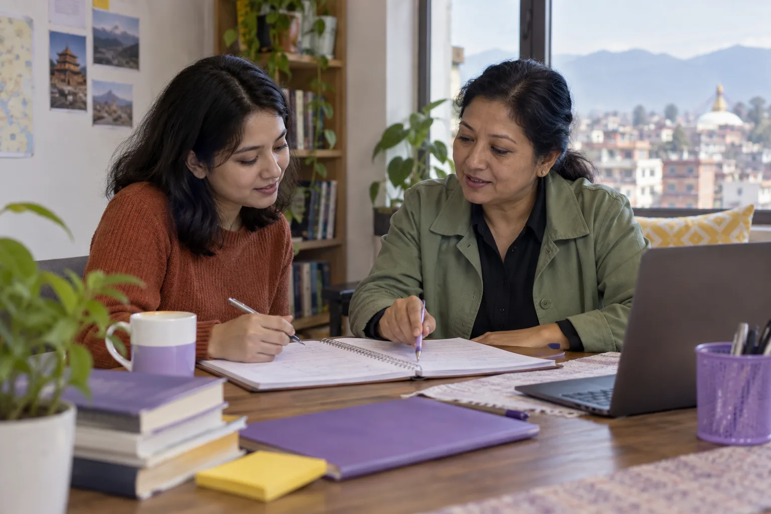 Tutor and learner comparing a rate calculation in a notebook