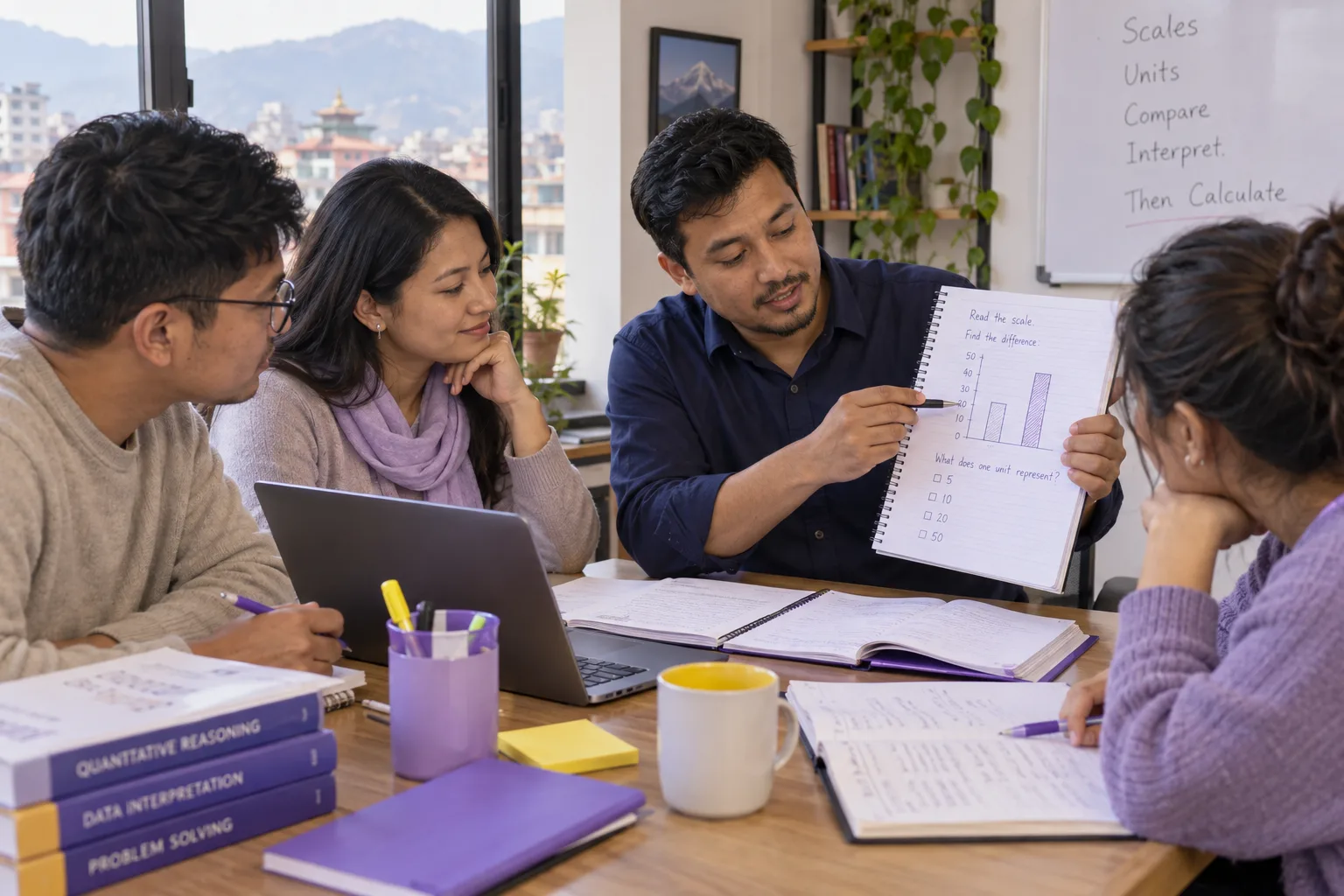 Teacher explaining graph scales and units to a study group