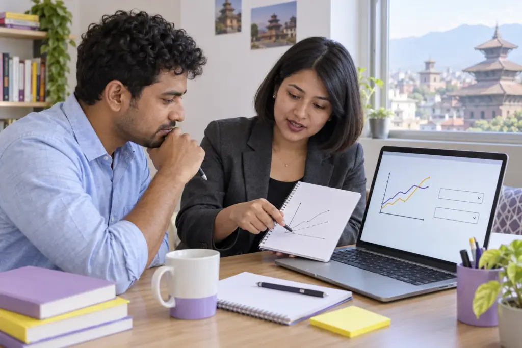 Tutor and learner examining graph dropdown choices for GMAT Graphics Interpretation
