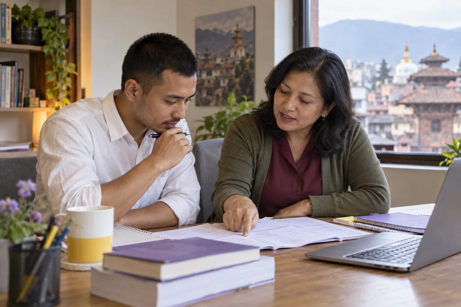 Student and tutor reviewing a chart-based interpretation in a notebook
