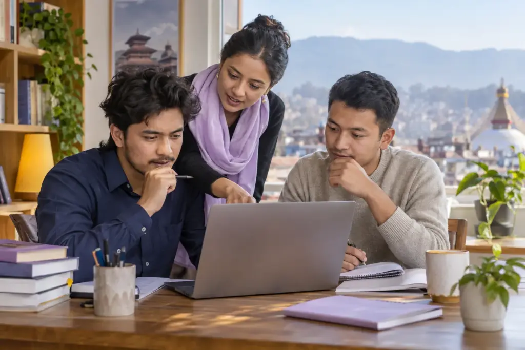 Tutor helping Nepali students work through a GMAT Two-Part Analysis task