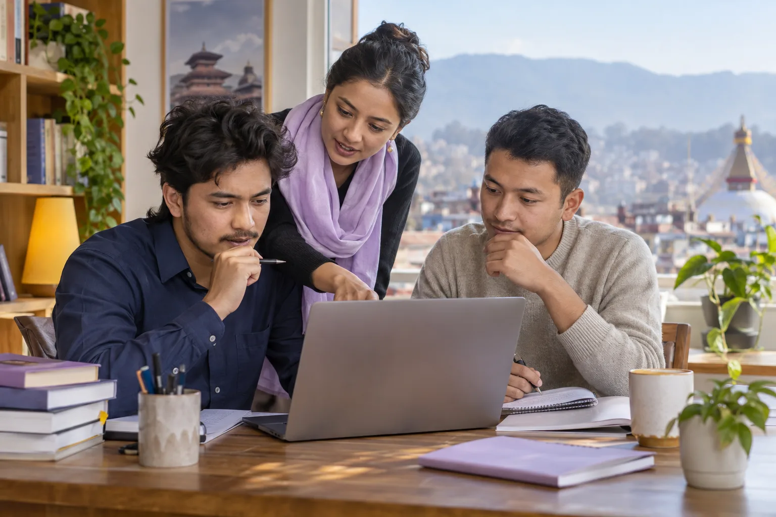 Tutor helping Nepali students work through a GMAT Two-Part Analysis task