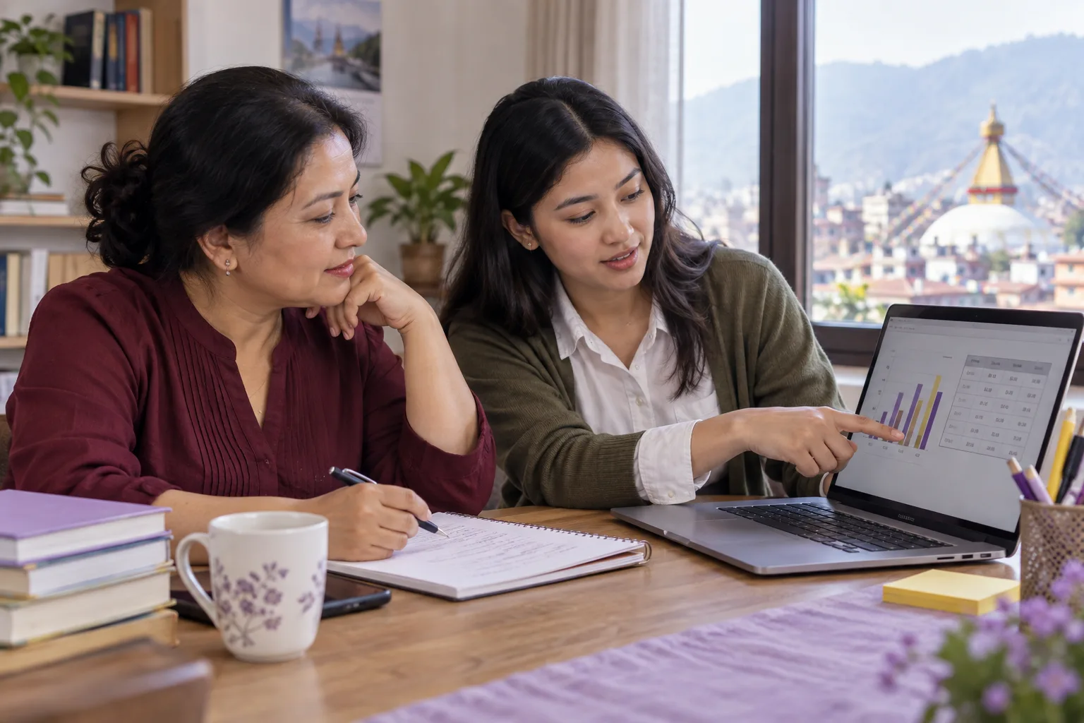 Student and tutor examining GMAT Data Insights chart values before calculating