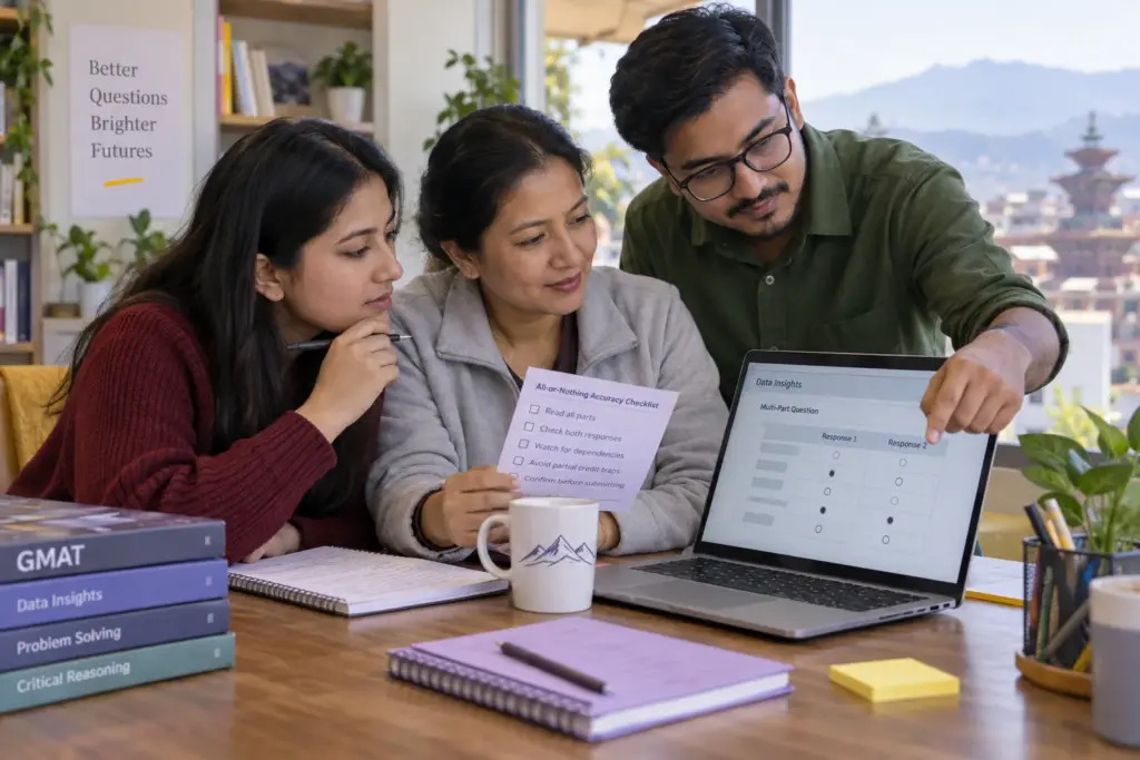 Nepali students checking every part of a multipart GMAT Data Insights question