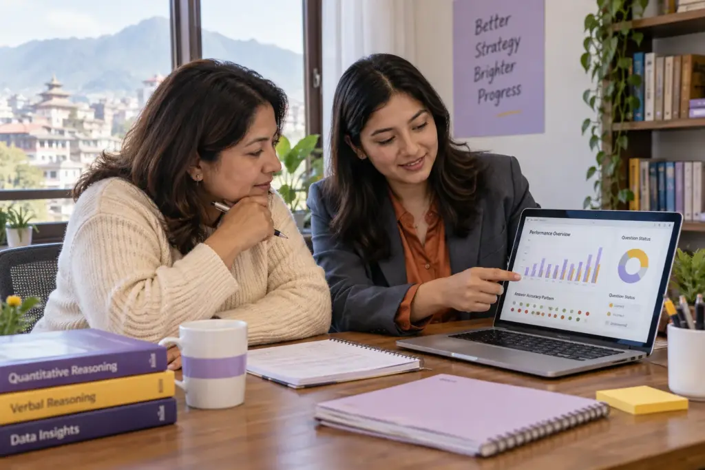 Tutor and learner examining a GMAT practice diagnostic and unanswered questions