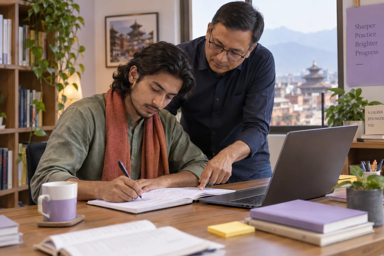 GMAT learner and mentor comparing corrections after an adaptive practice test