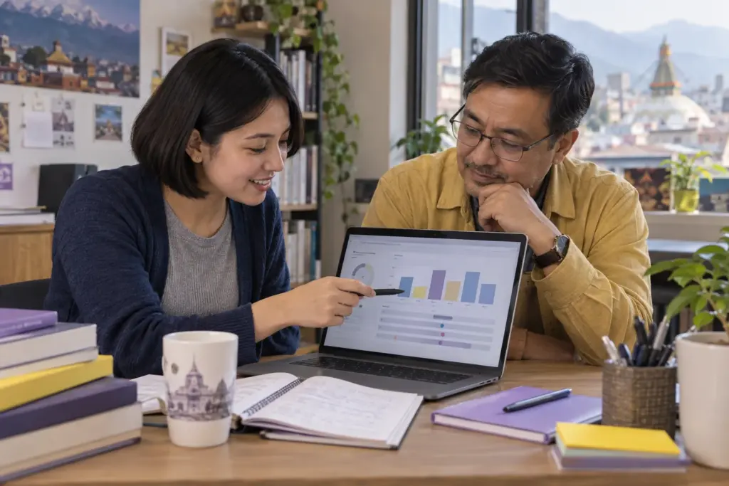 Student and tutor discussing a GMAT score report and section scores