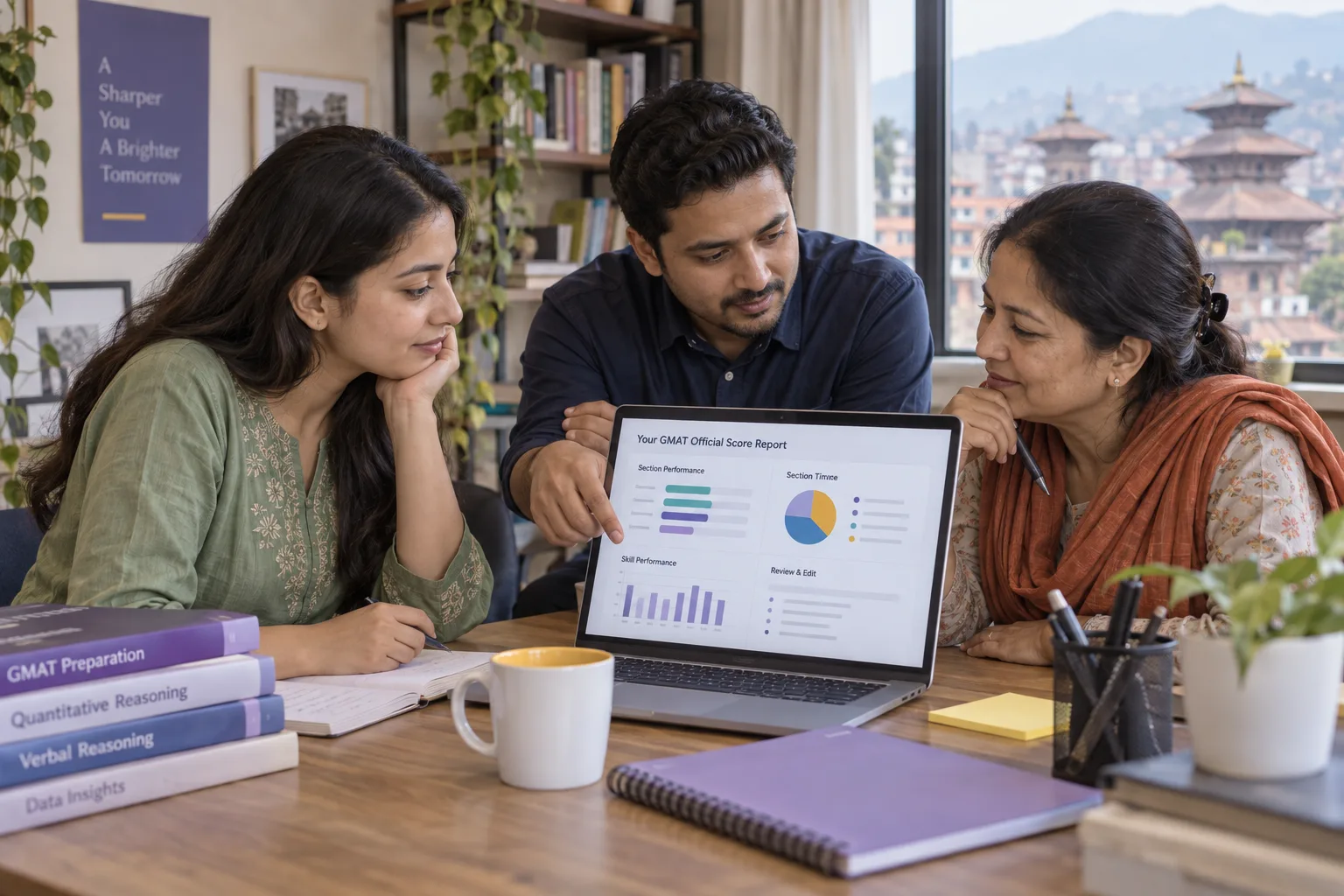 Student and tutor examining skill and timing insights in a GMAT score report