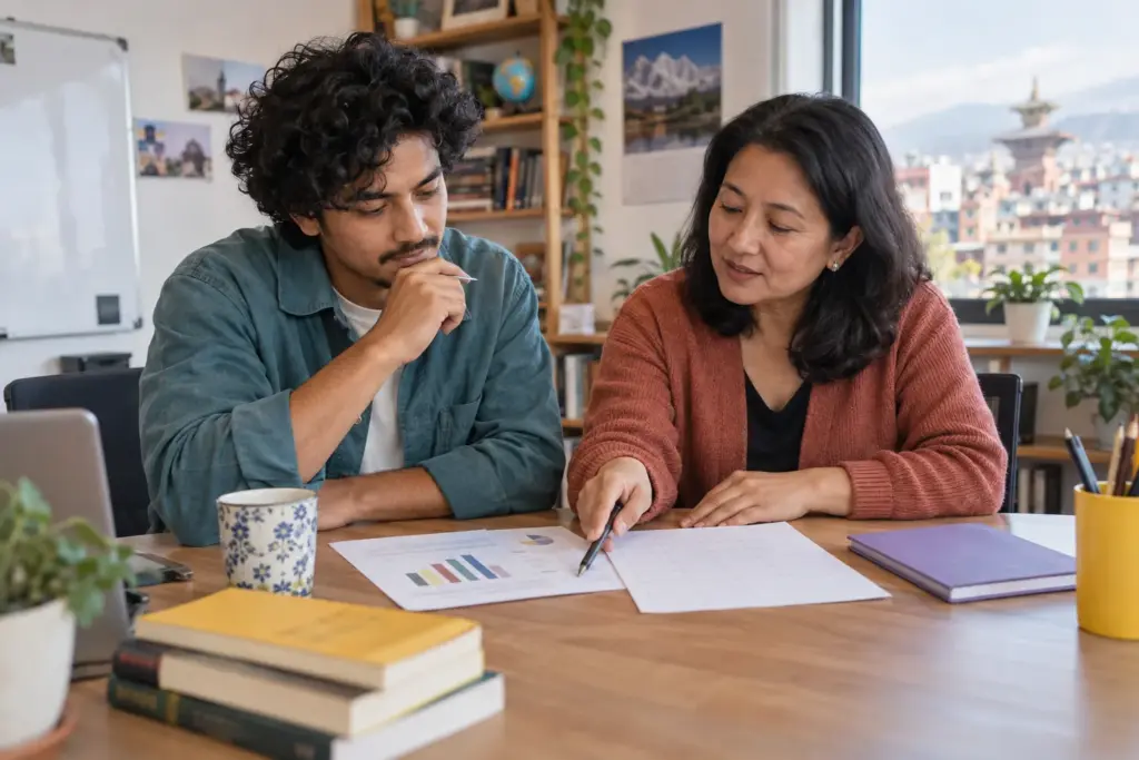 Nepali GMAT learner and mentor planning a retake from score evidence