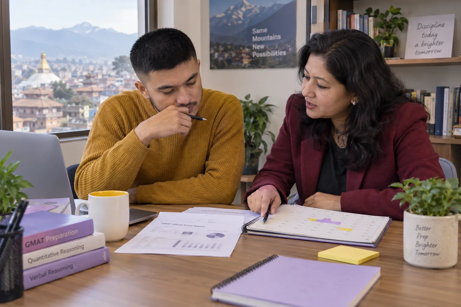 GMAT learner reviewing a practice score report with a tutor before a retake