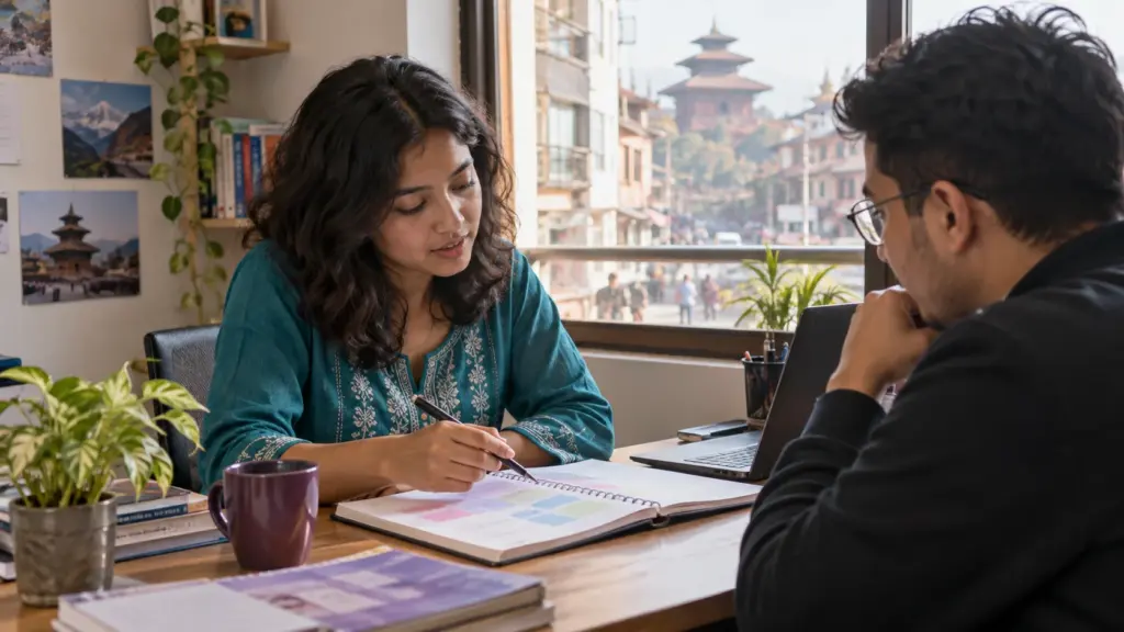 A Nepali student in a teal kurta reviews a GRE preparation plan with a tutor at a desk.