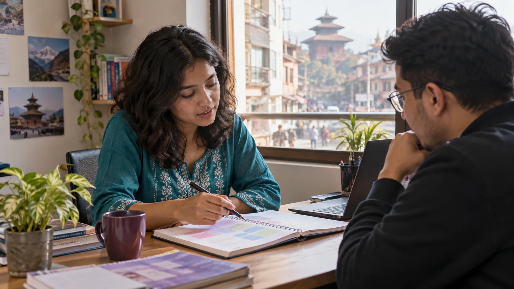 A student and tutor comparing a weekly study plan at a small desk for GRE preparation.