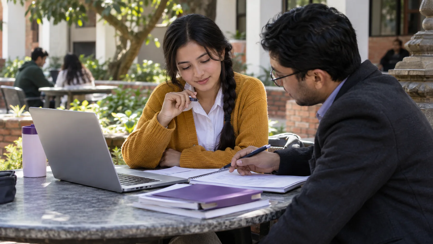 A learner checking practice results with a tutor in a bright study room for GRE preparation.