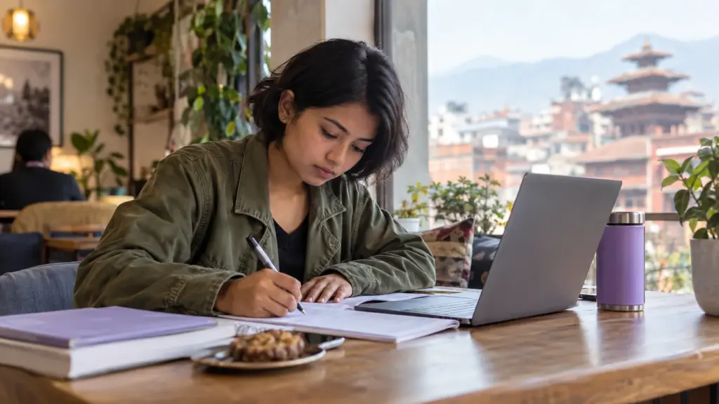 A Nepali student in an olive jacket works through GRE practice notes beside a laptop at a Kathmandu study desk.