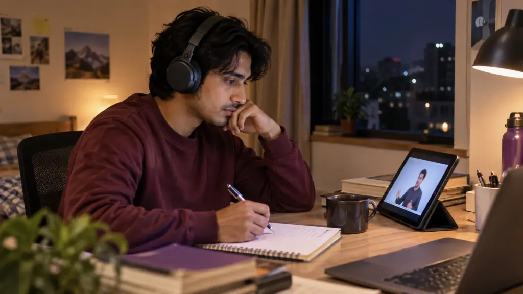 A Nepali student in a burgundy sweater reviews a recorded GRE lesson with headphones and notes at a desk.