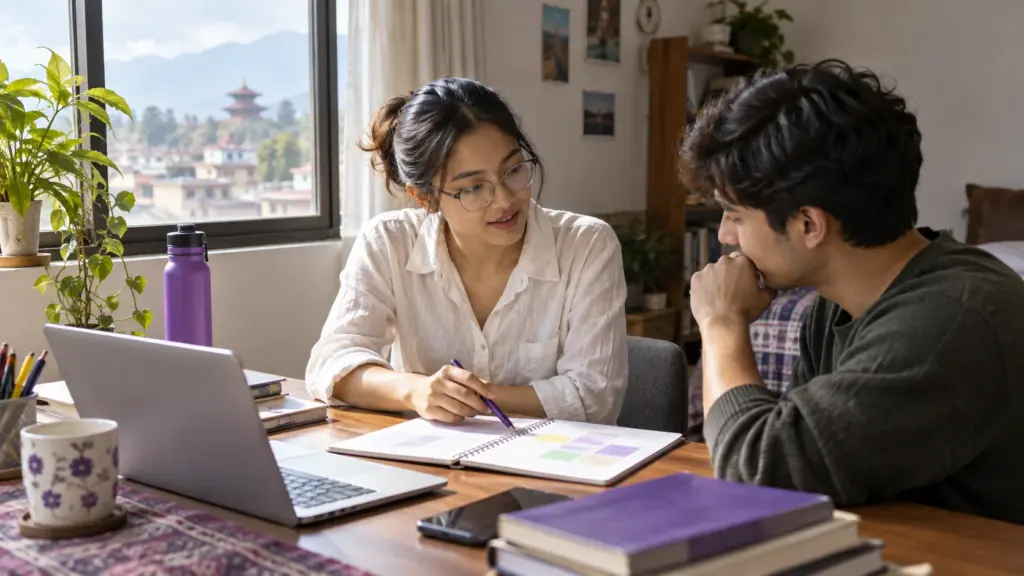 A Nepali education adviser in a white shirt discusses GRE preparation choices with a student beside a laptop.